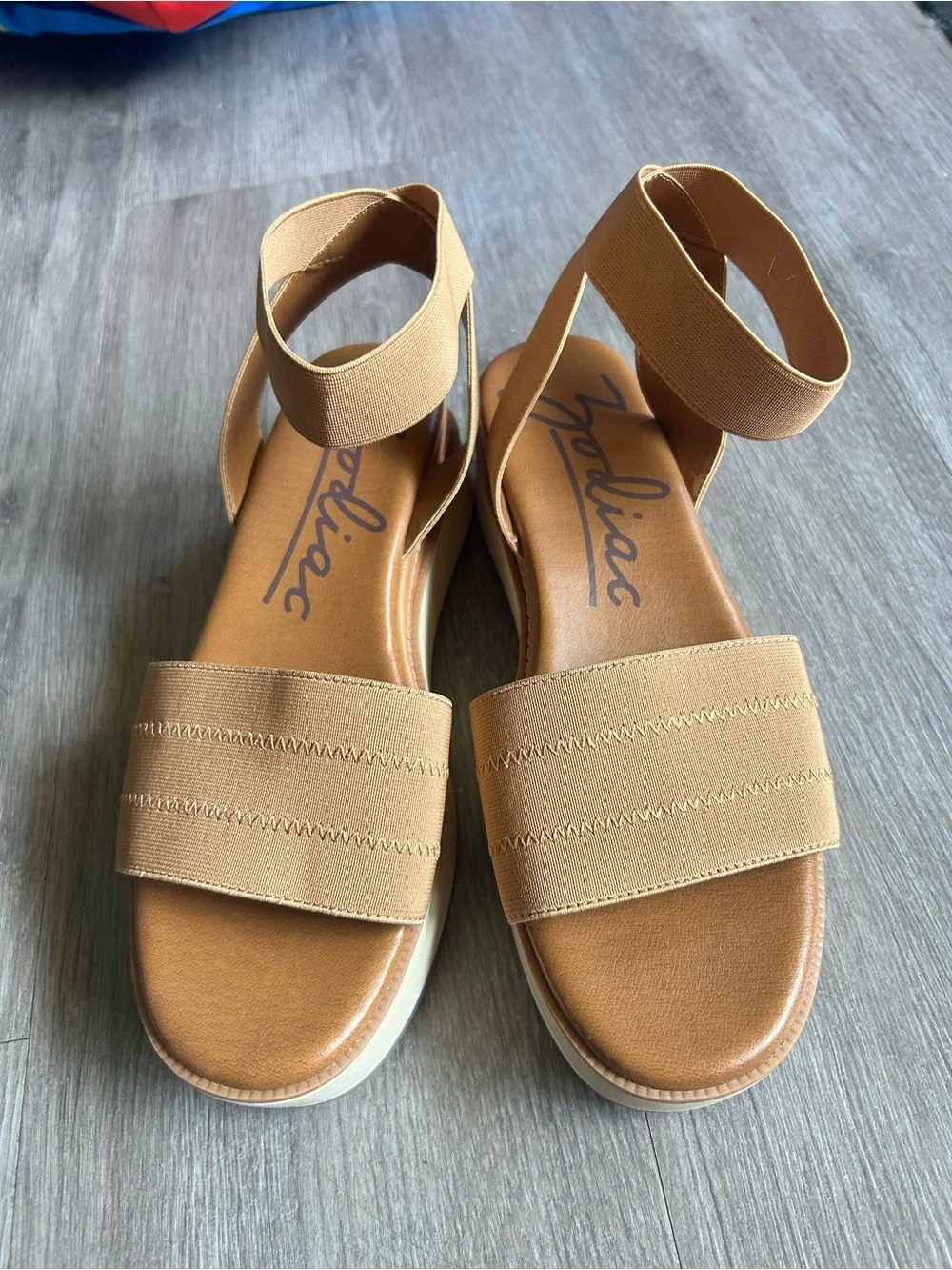 Zodiac Platform Sandal in Tan and Cream with Elastic Ankle Strapping new